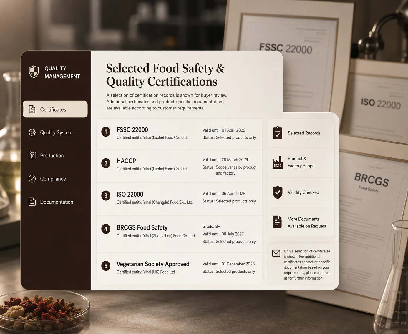 Illustrated overview of selected Yihai food safety and quality certification records